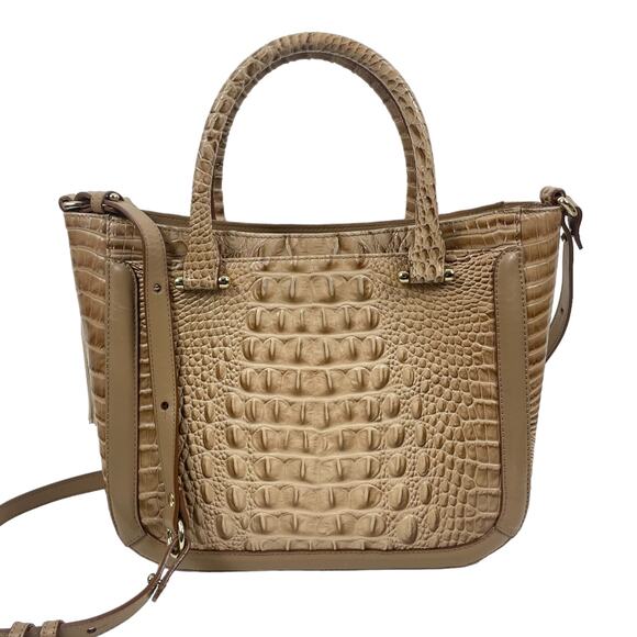 Brahmin Small Lena Satchel Bag Travertine Brevik Croc Embossed Suede Tan - Picture 1 of 12